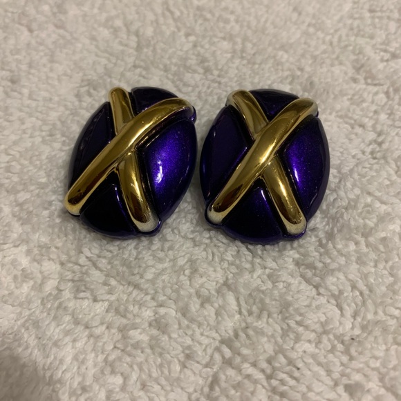Vtg 80’s Purple Gold X Clip on Earrings - Picture 2 of 5